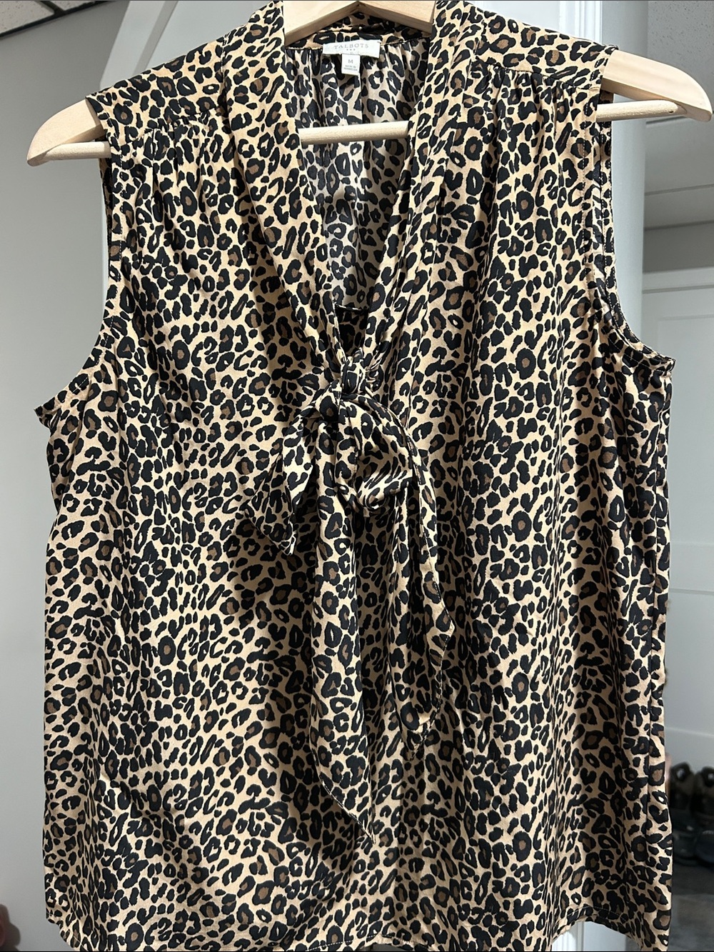 Talbots Leopard Print Tie-Neck Sleeveless Top in Tan & Black
